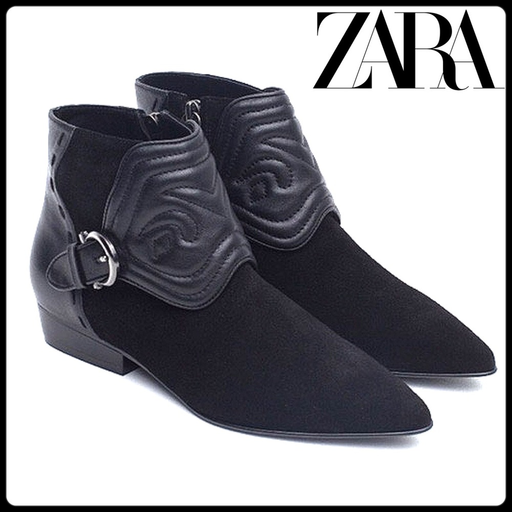 Zara black suede/leather western buckle booties